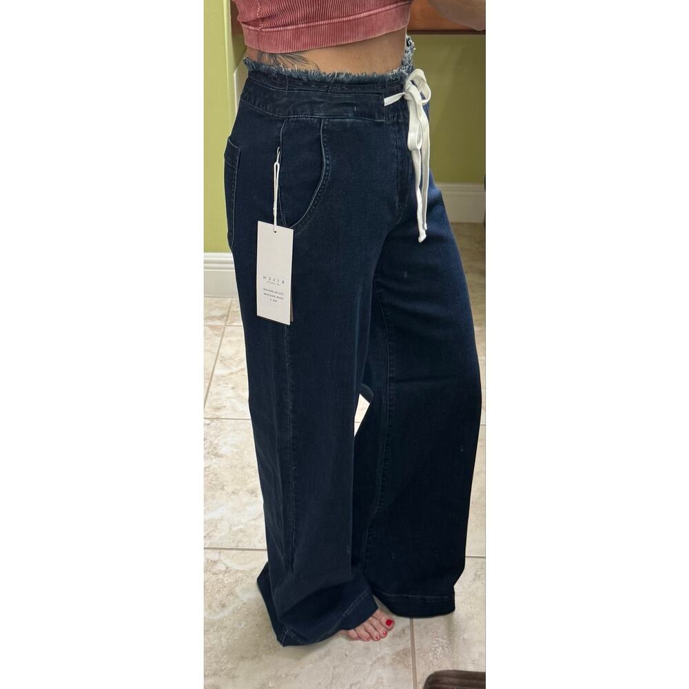 Risen Jeans Mid Rise Dark Wash Wide Leg Pants with Tie Waistband NWT Small $128 - Picture 7 of 10